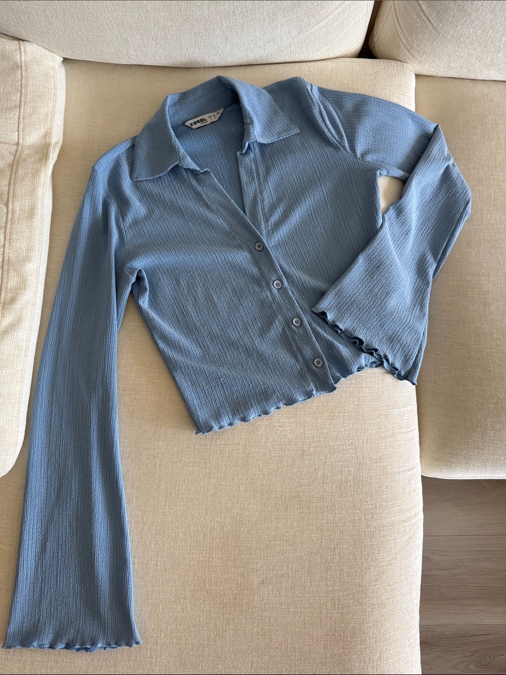 Textured Sky-Blue Ribbed Button Cardigan